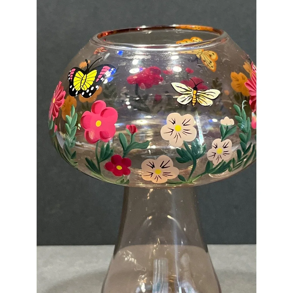 Hand Painted Glass Mushroom Vase Smoky Pink Floral Butterfly Cottagecore 7 Inch